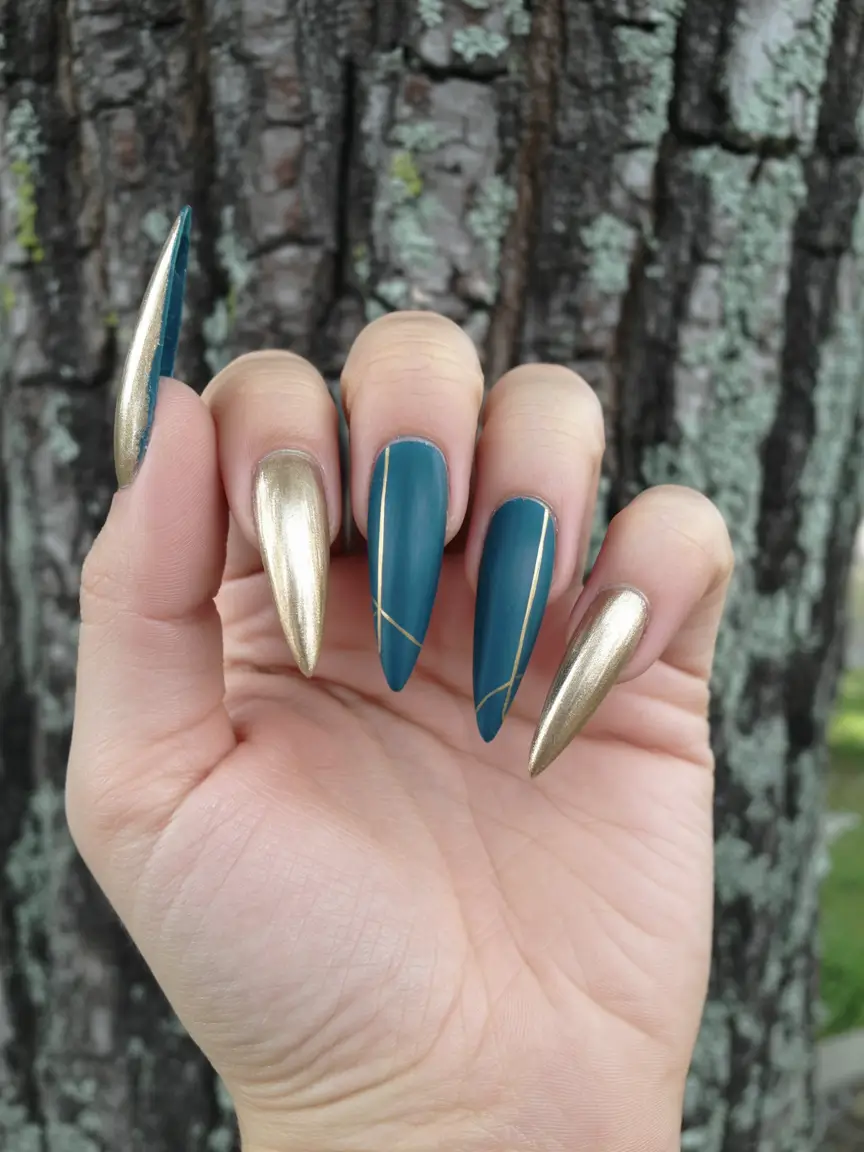 autumn nails designs 2025 teal and gold statement stilettos