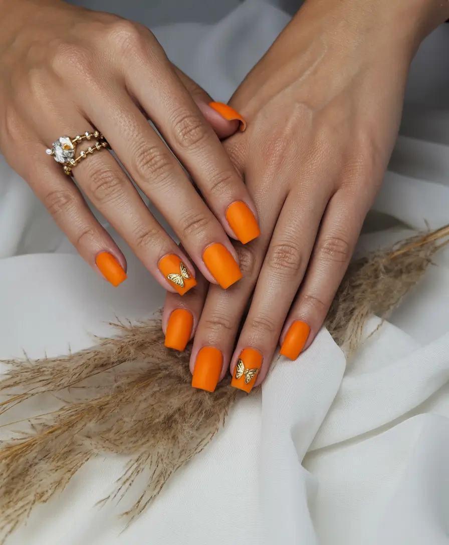 autumn nails designs 2025 matte orange with golden leaves