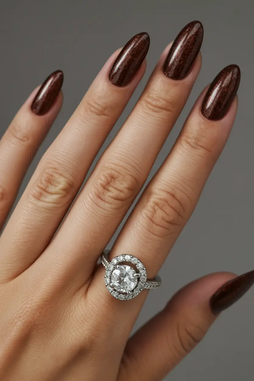 autumn nails designs 2025 chocolate shimmer almonds