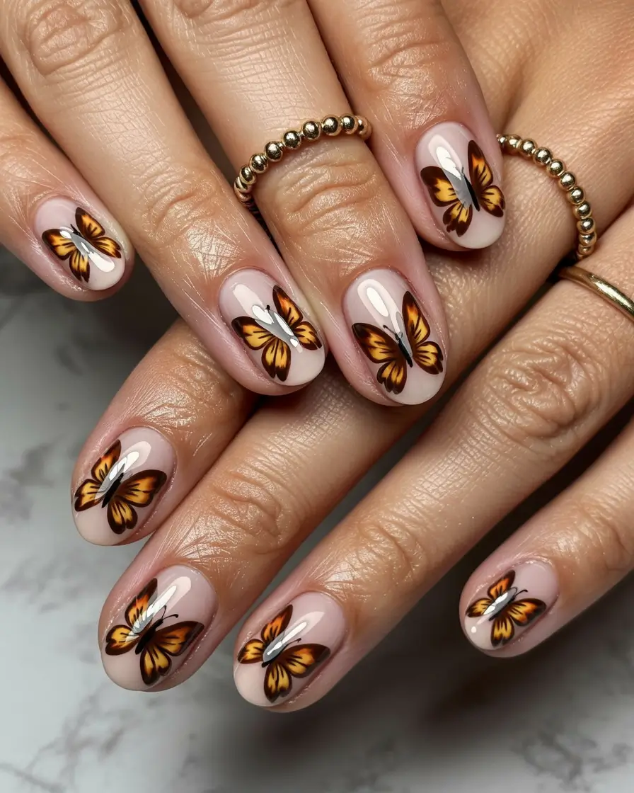 autumn nails designs 2025 monarch butterfly accents