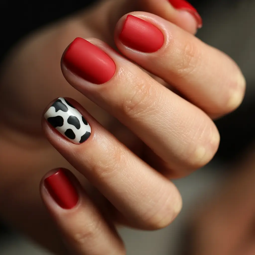 autumn-nails-designs-2025-Matte-Red-with-Cow-Print-Detail