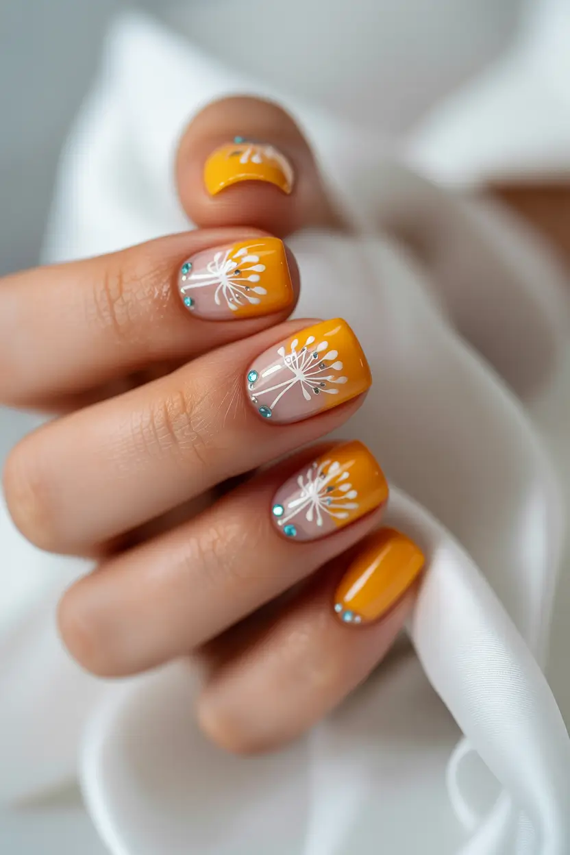 autumn-nails-designs-2025-Golden-Marigold-Florals-with-Crystal-Accents