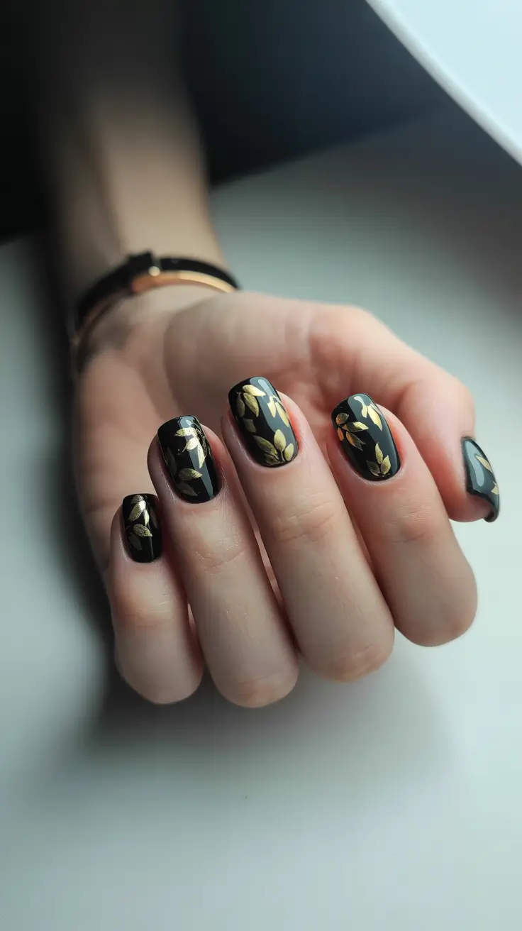 autumn-nails-designs-2025-Black-and-Gold-Leaf-Elegance