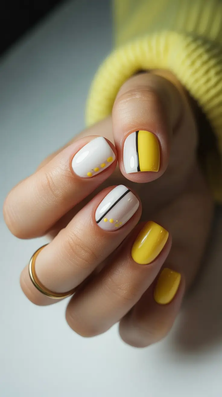 autumn-nails-designs-2025-Minimalist-Yellow-and-White-Geometry