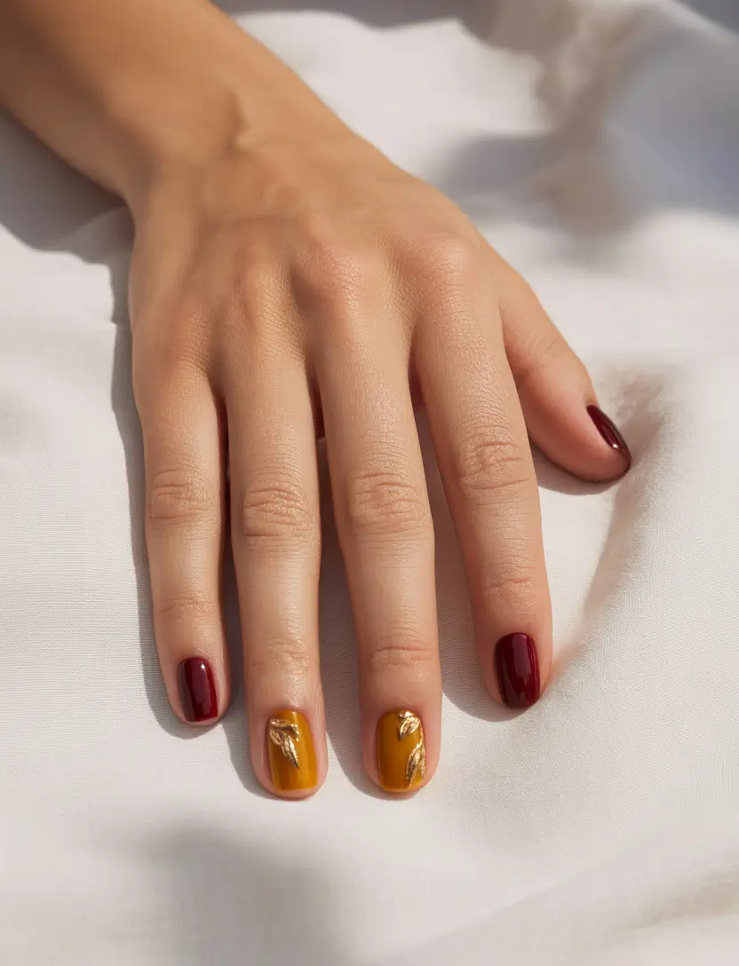 autumn-nails-designs-2025-Garnet-and-Mustard-Dual-Tone-with-Foil-Accent