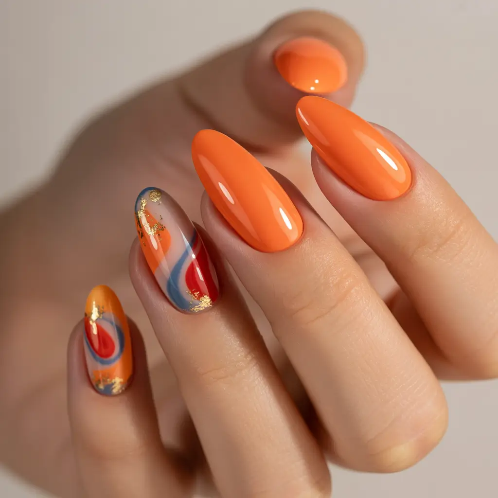 autumn-nails-designs-2025-Sunset-Swirls-with-Gold-Leaf-Highlights