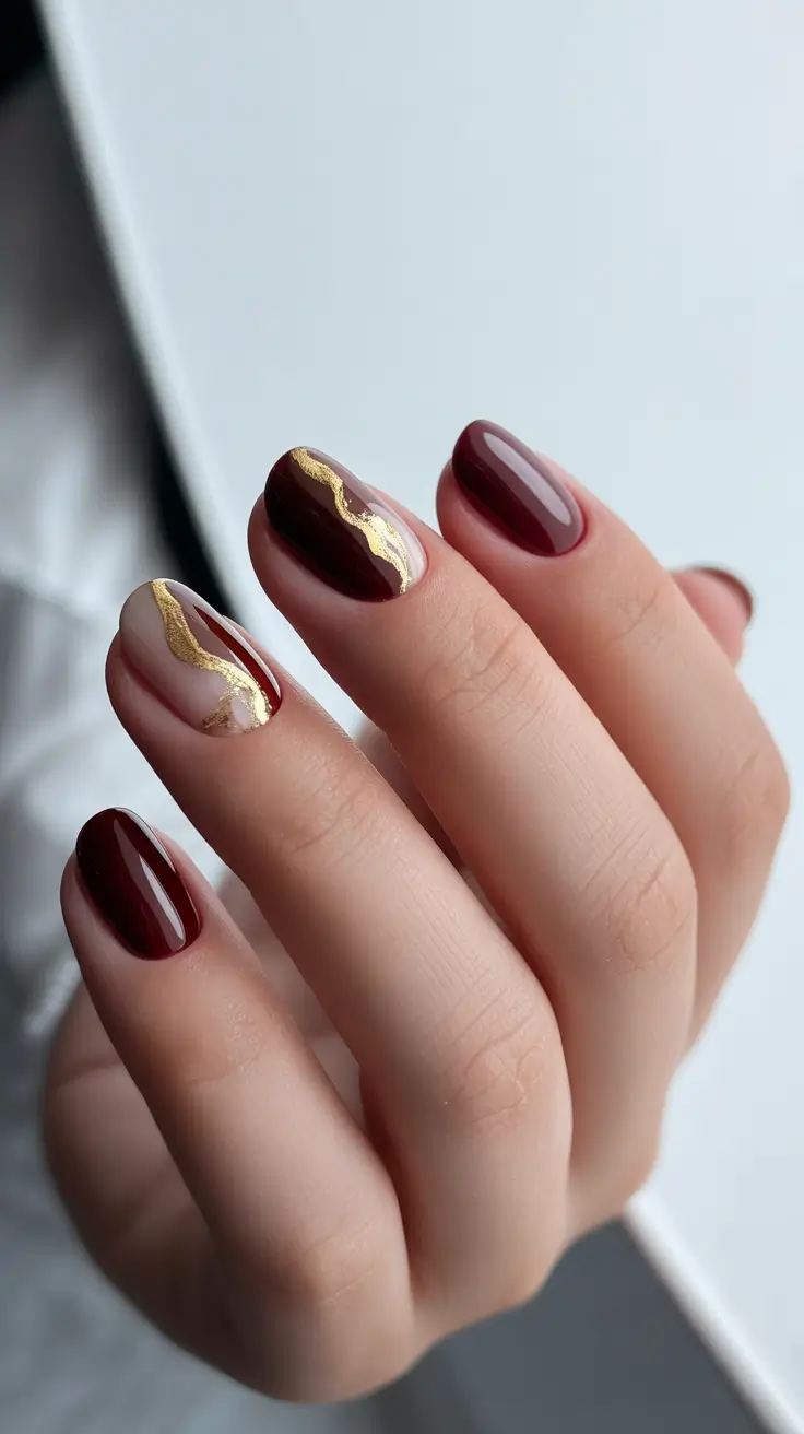 autumn-nails-designs-2025-Burgundy-Luxe-with-Golden-Wave-Accent