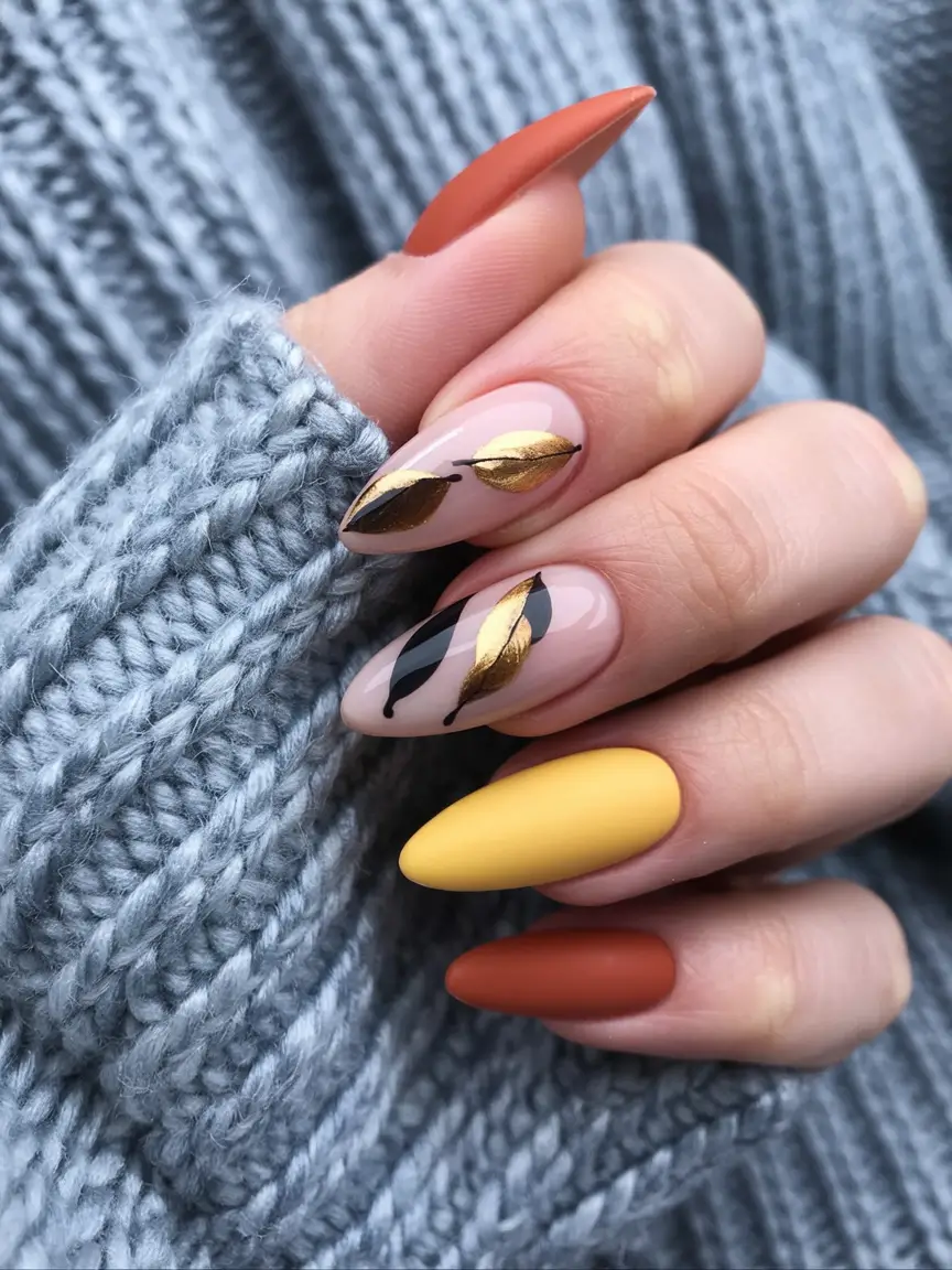 autumn nails designs 2025 golden leaf accents