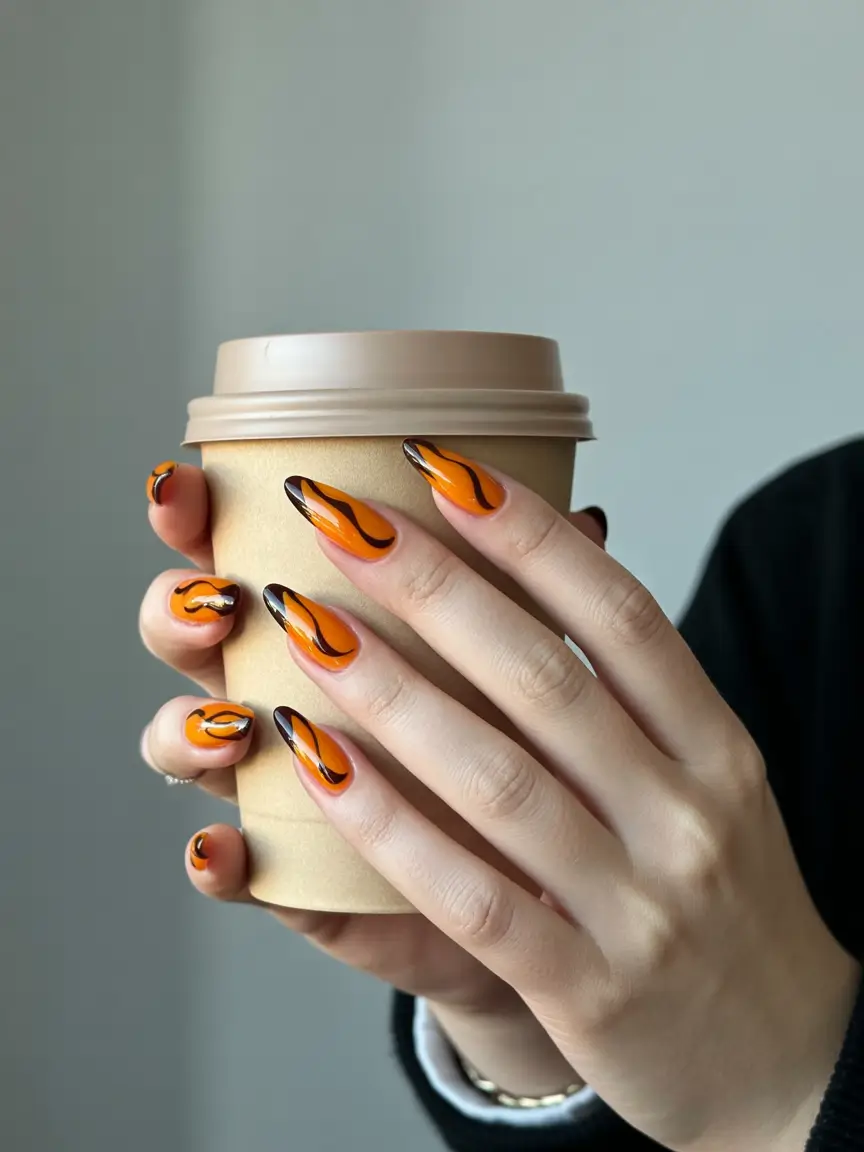 autumn nails designs 2025 molten amber swirls