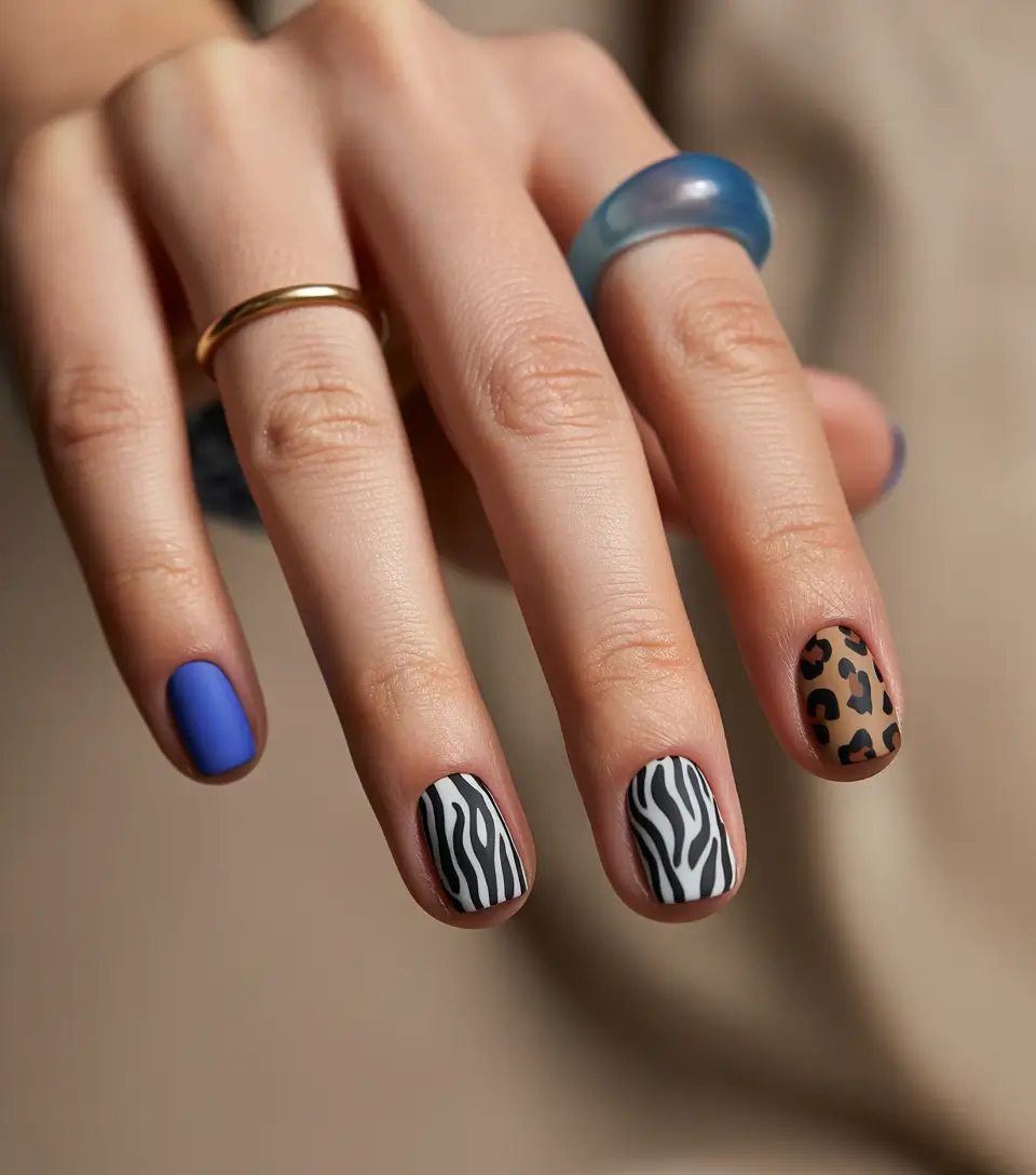 autumn nails designs 2025 mixed animal print with matte blue