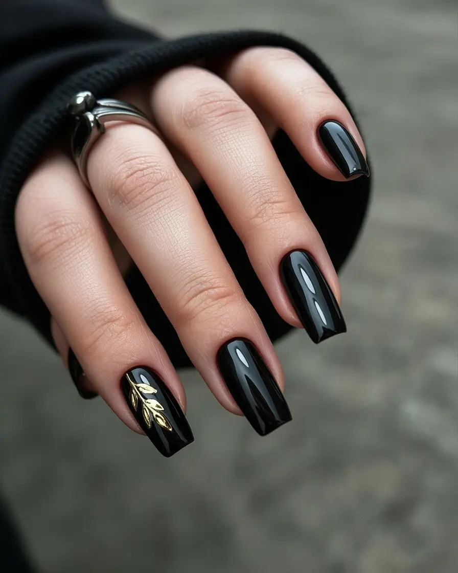 Black fall nails 2025 Black Elegance with Gold Accents