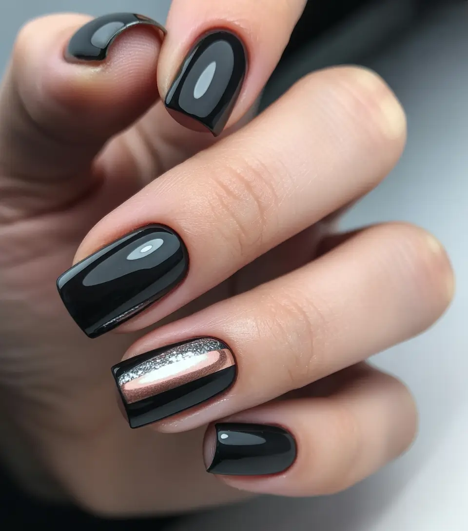 Black fall nails 2025 Black with Metallic Stripe Accent