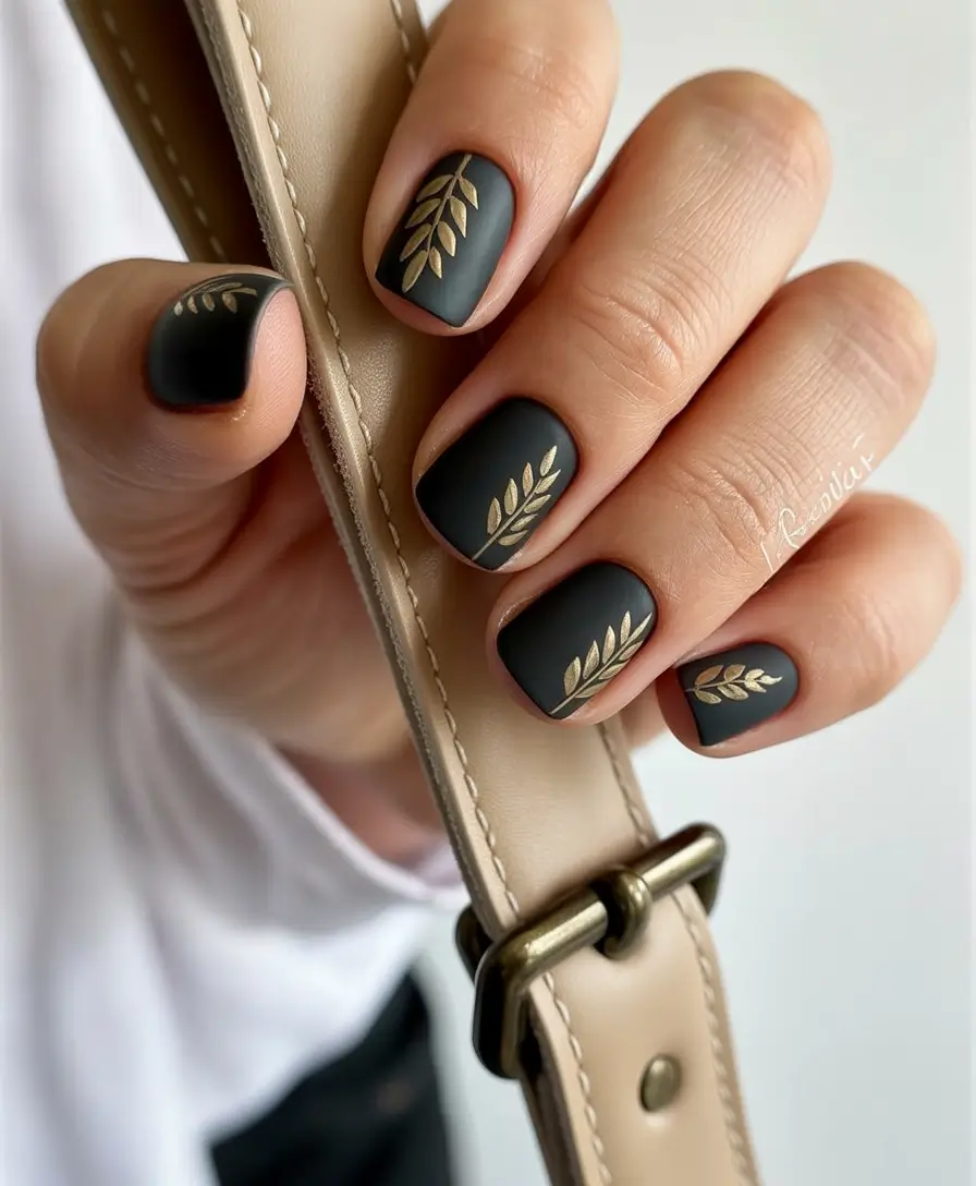 Black fall nails 2025 Matte Black with Golden Leaf Art