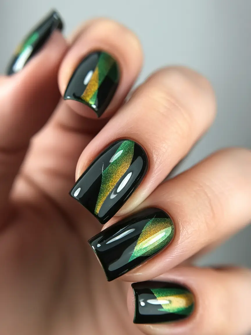 Black fall nails 2025 Black with Green and Gold Stripes