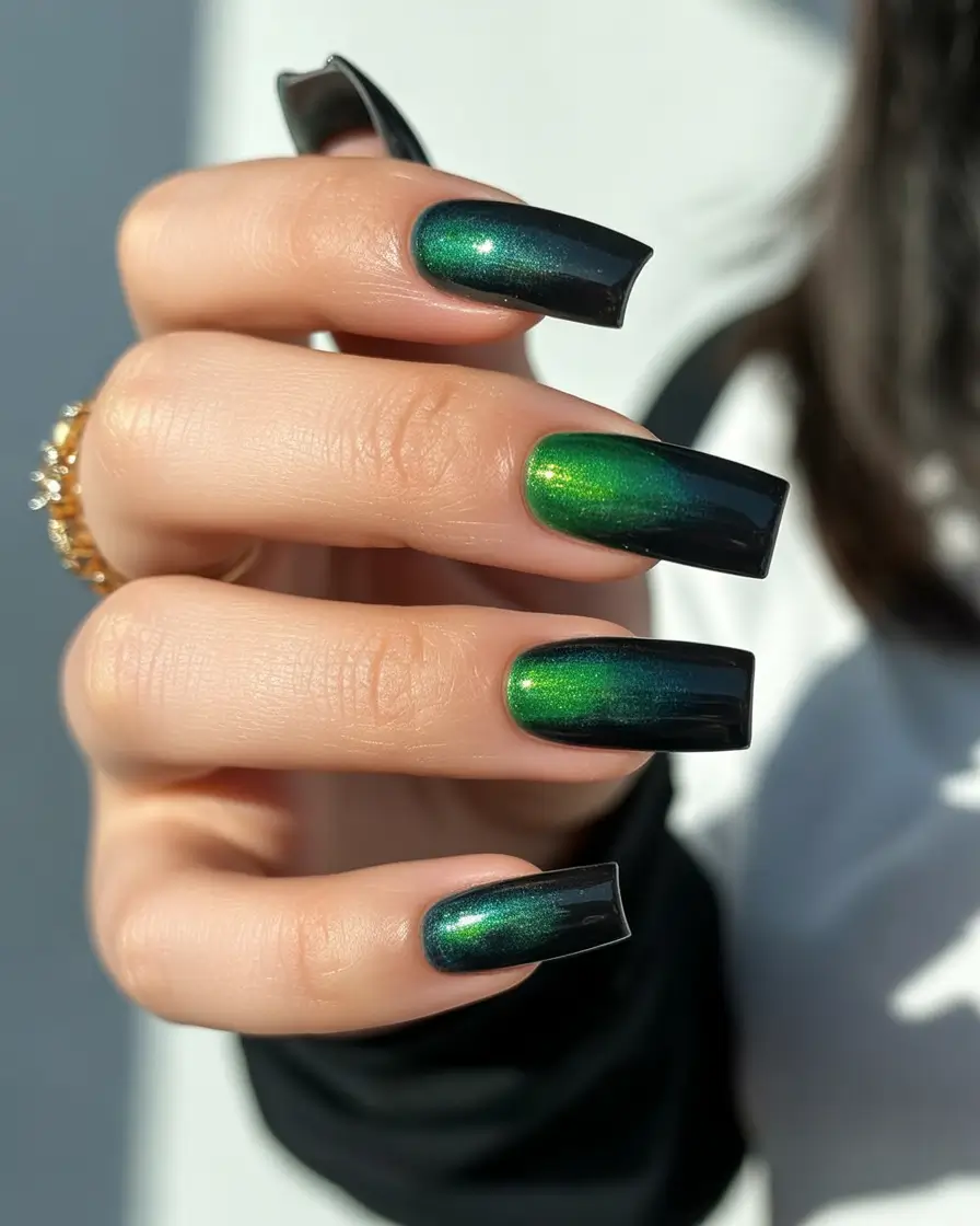 Black fall nails 2025 Shimmering Green Gradient on Black