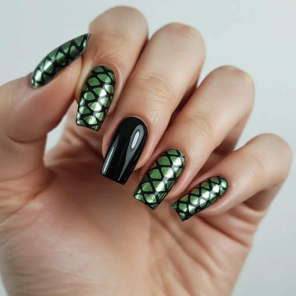 Black fall nails 2025 Black and Green Scales