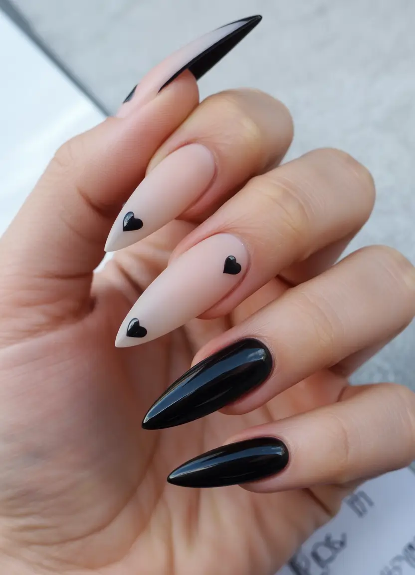 Black fall nails 2025 Playful Hearts with Almond Drama