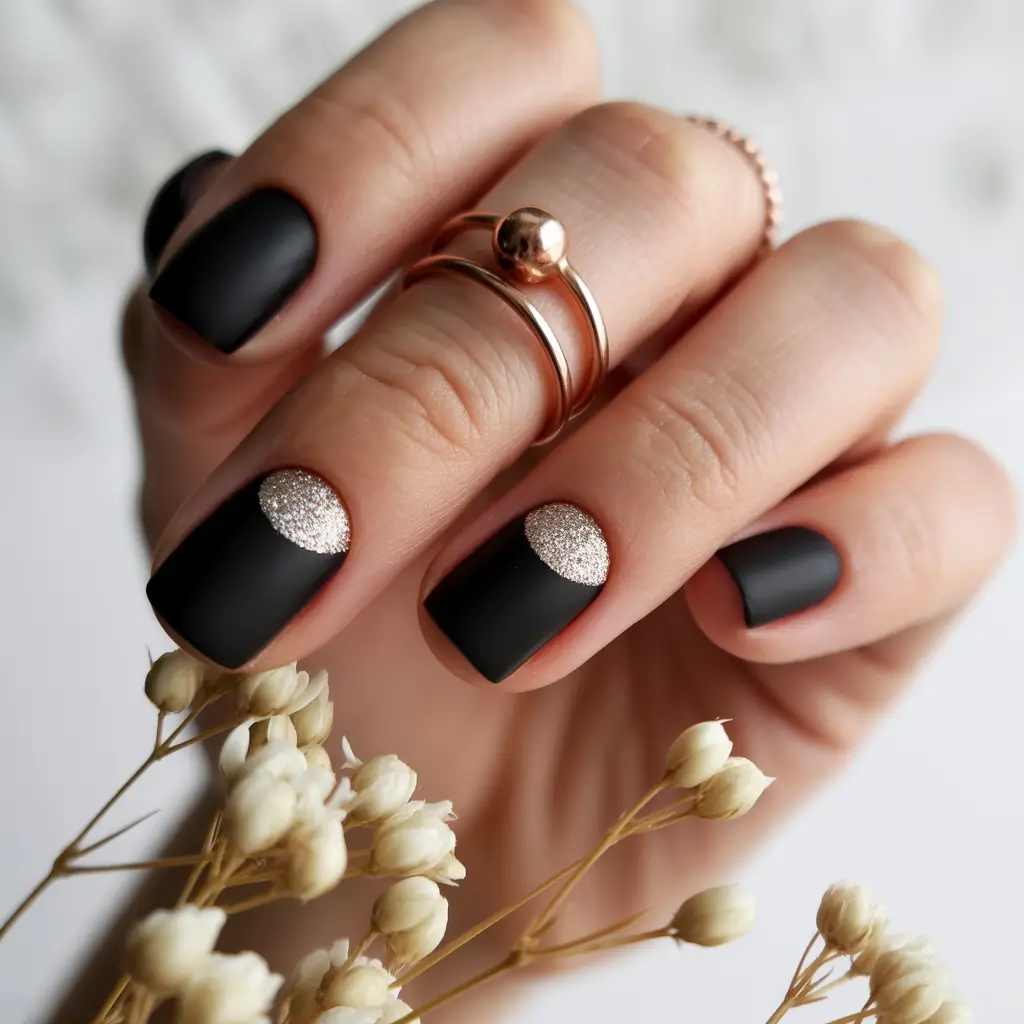 Black fall nails 2025 Minimalist Matte with Silver Half Moons