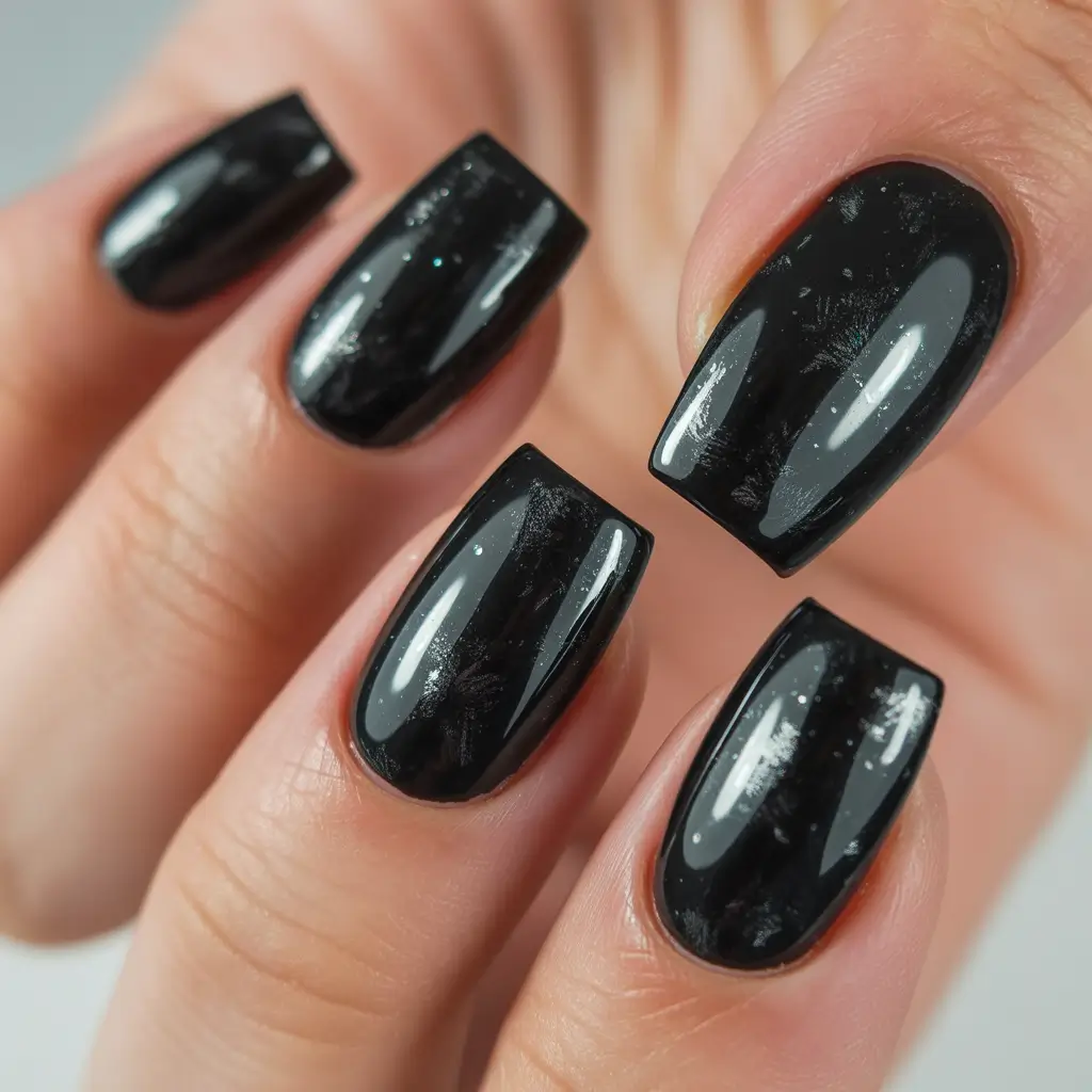 Black fall nails 2025 Glossy Black with Subtle Dimension