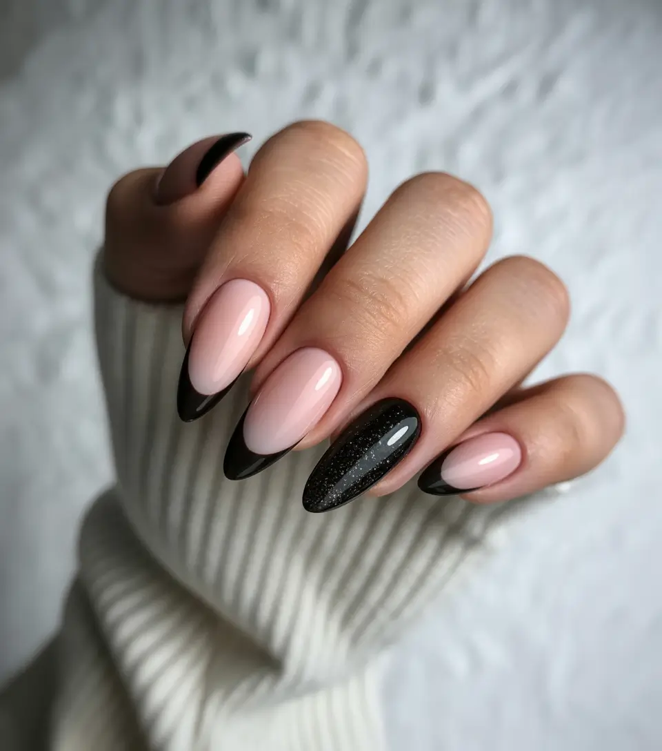 Black fall nails 2025 Soft French Almond with a Dark Twist