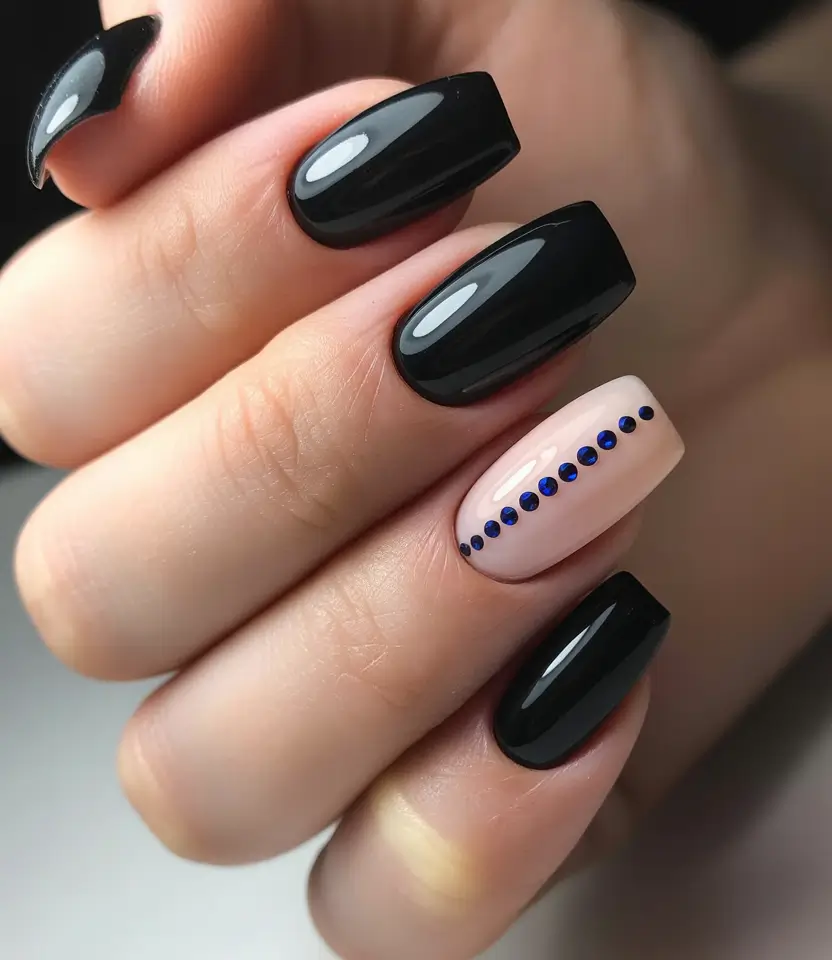Black fall nails 2025 Elegant Accent with Sapphire Stones