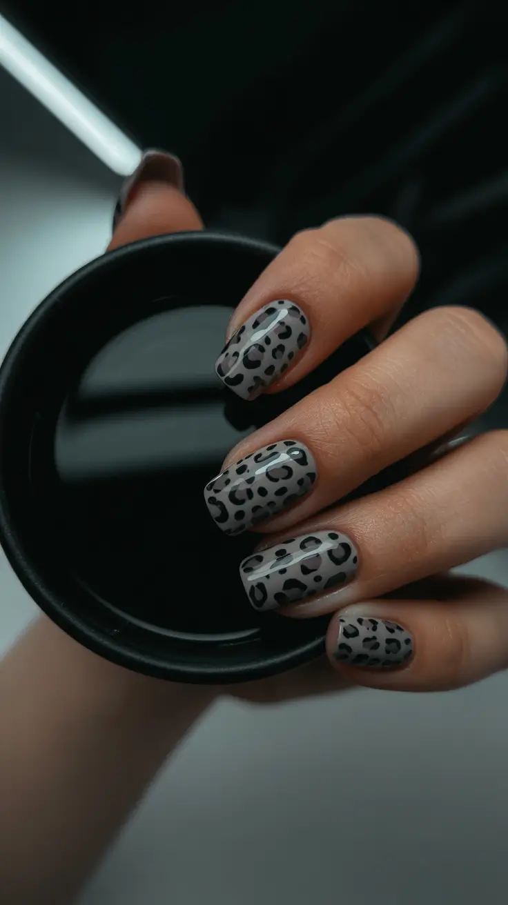 Black fall nails 2025 Full Leopard with a Smoky Base