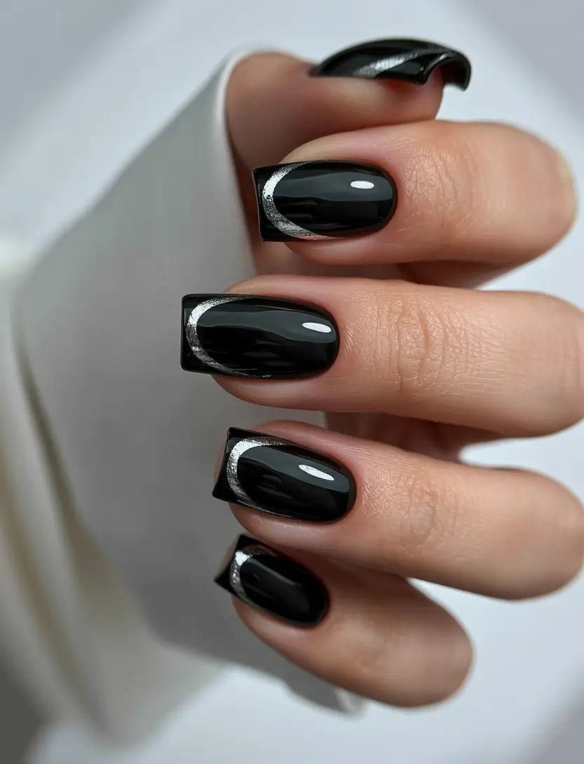 Black fall nails 2025 Modern Silver Accents on Square Nails