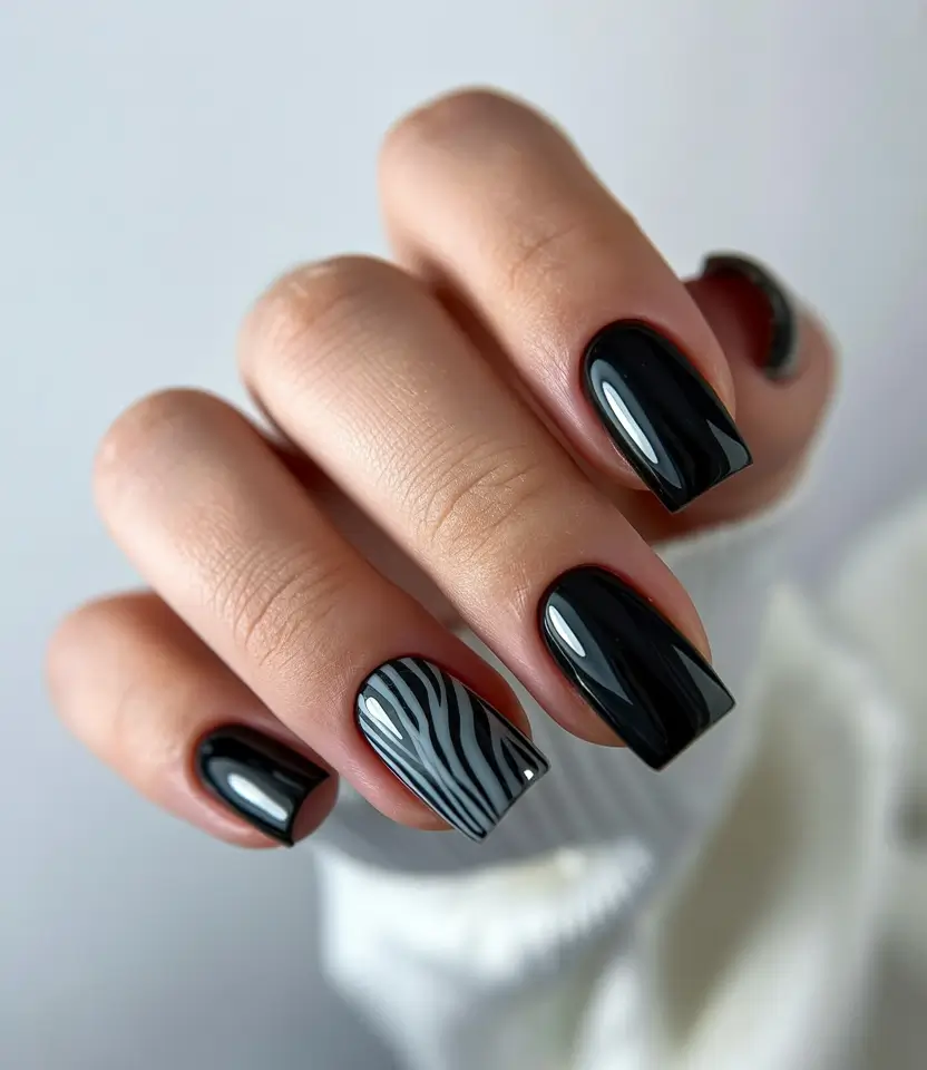 Black fall nails 2025 Chic Black with Zebra Accent