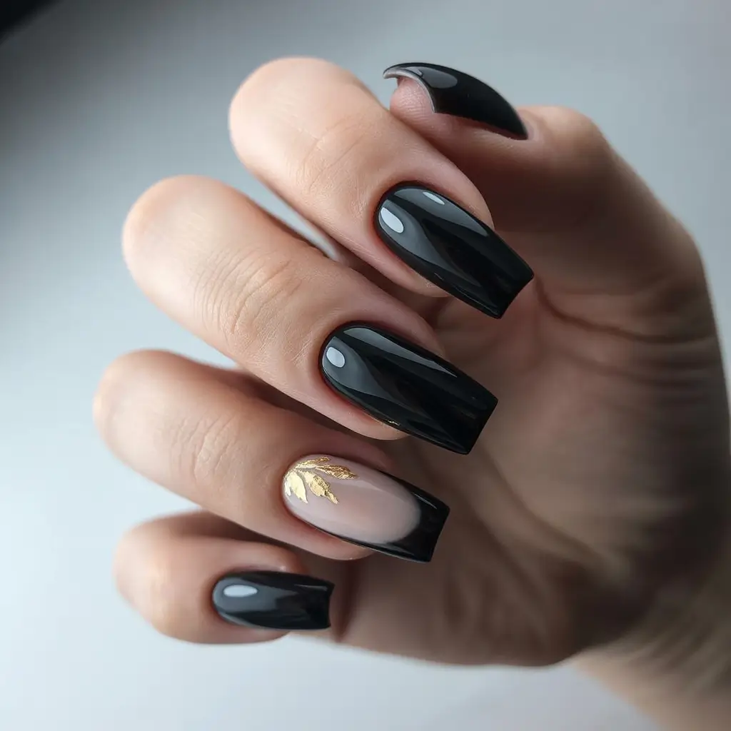 Black fall nails 2025 Glossy Black with Nude Accent and Gold Detail