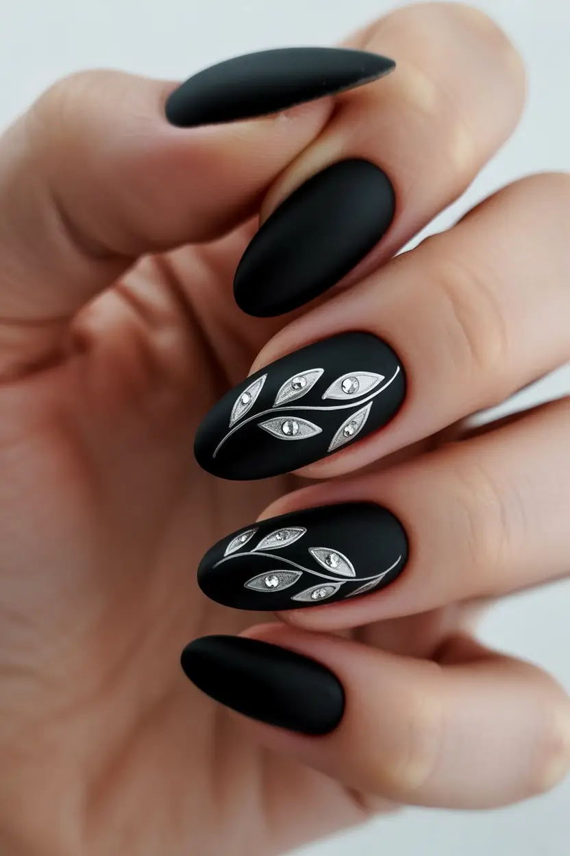 Black fall nails 2025 Matte Black Almond with Silver Leaves