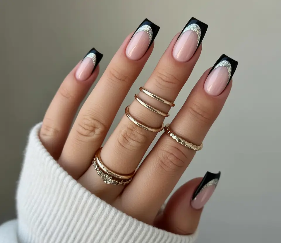 Black fall nails 2025 Black and Silver French Twist