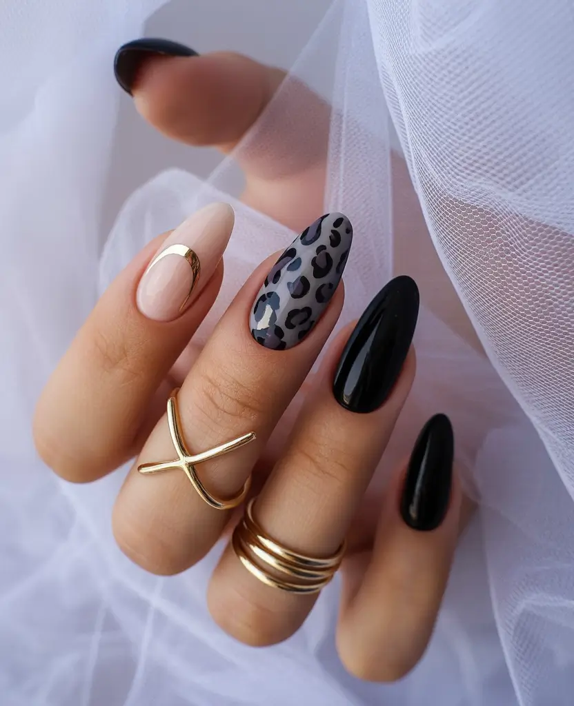 Black fall nails 2025 Almond Black with Leopard Accent