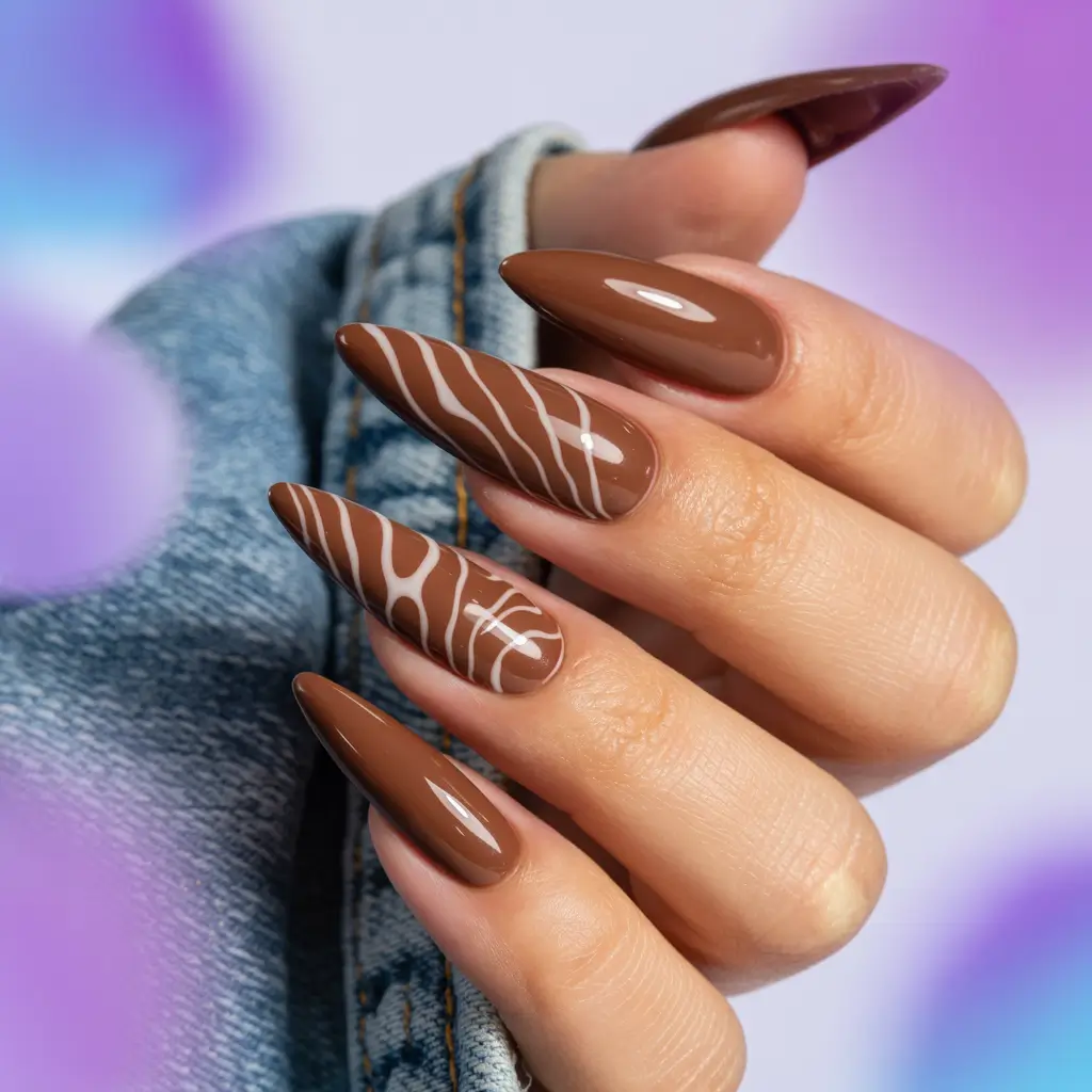 brown fall nails 2025 Almond Nails with Brown and White Line Art