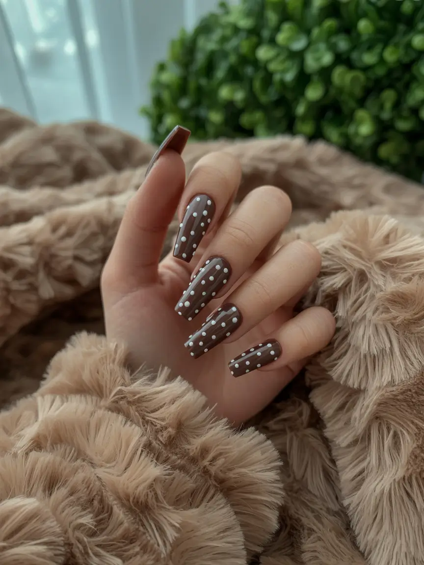 brown fall nails 2025 Long Brown Nails with Playful Polka Dots