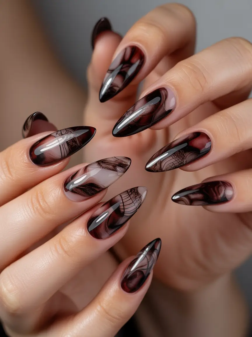brown-fall-nails-2025 Almond Brown Nails with Smoky Glass Art