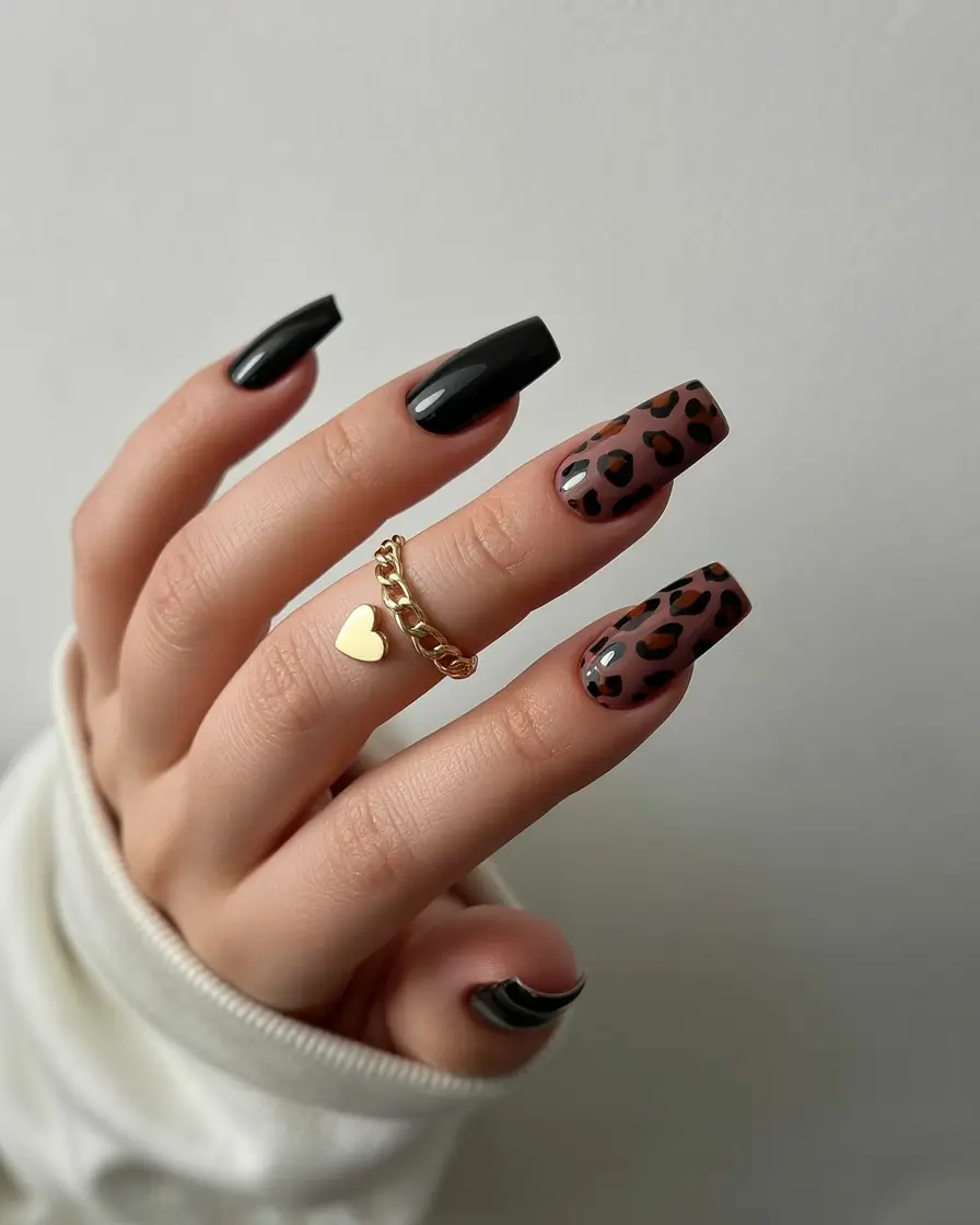 Coffin Nails with Brown Leopard Accents brown fall nails 2025
