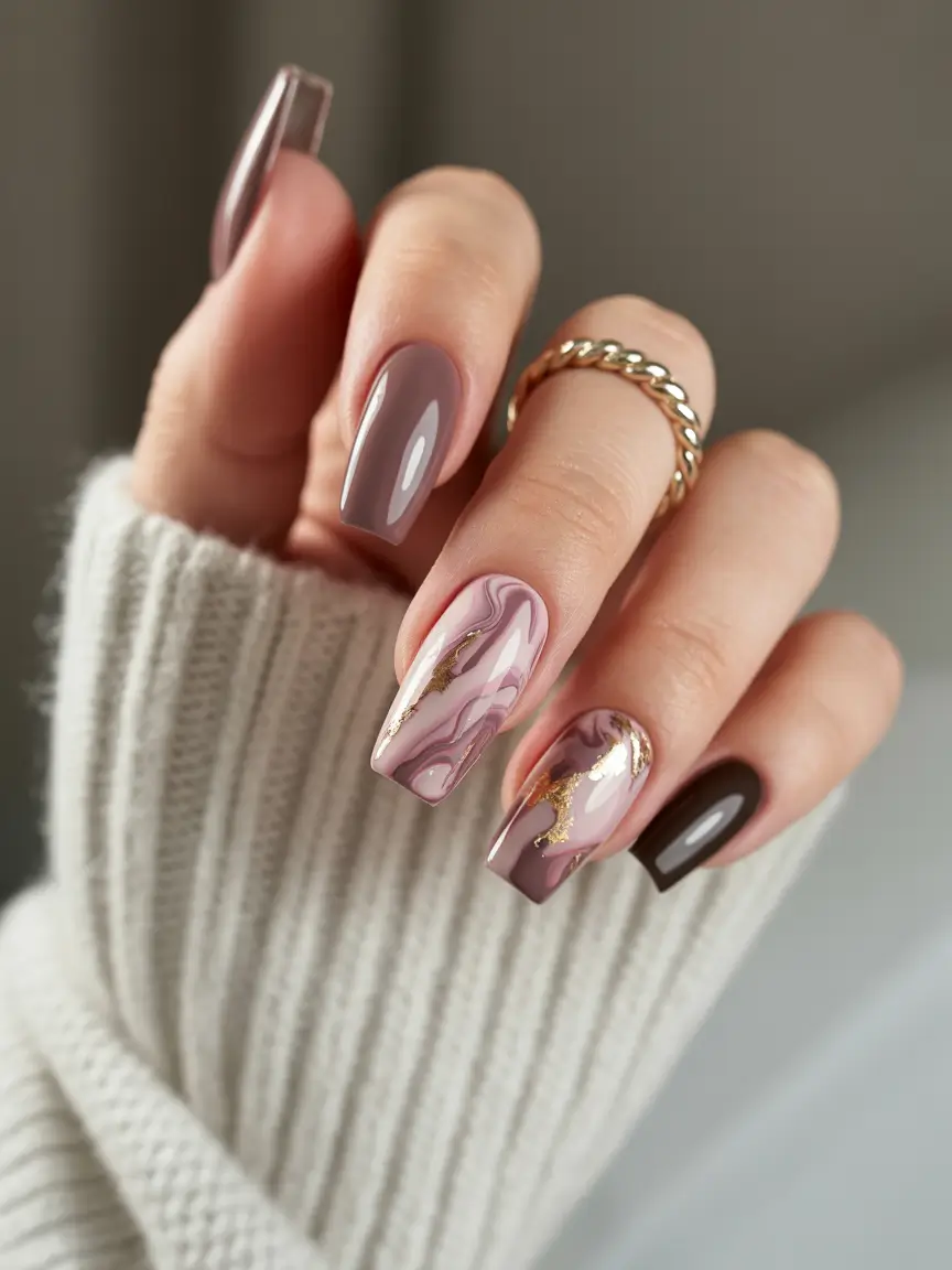 brown fall nails 2025 Marbled Mocha Coffin Nails with Gold Veins
