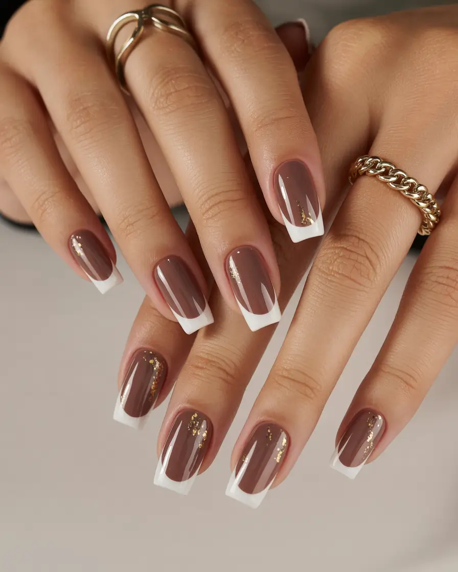 brown fall nails 2025 Modern French Tips with Brown and Gold
