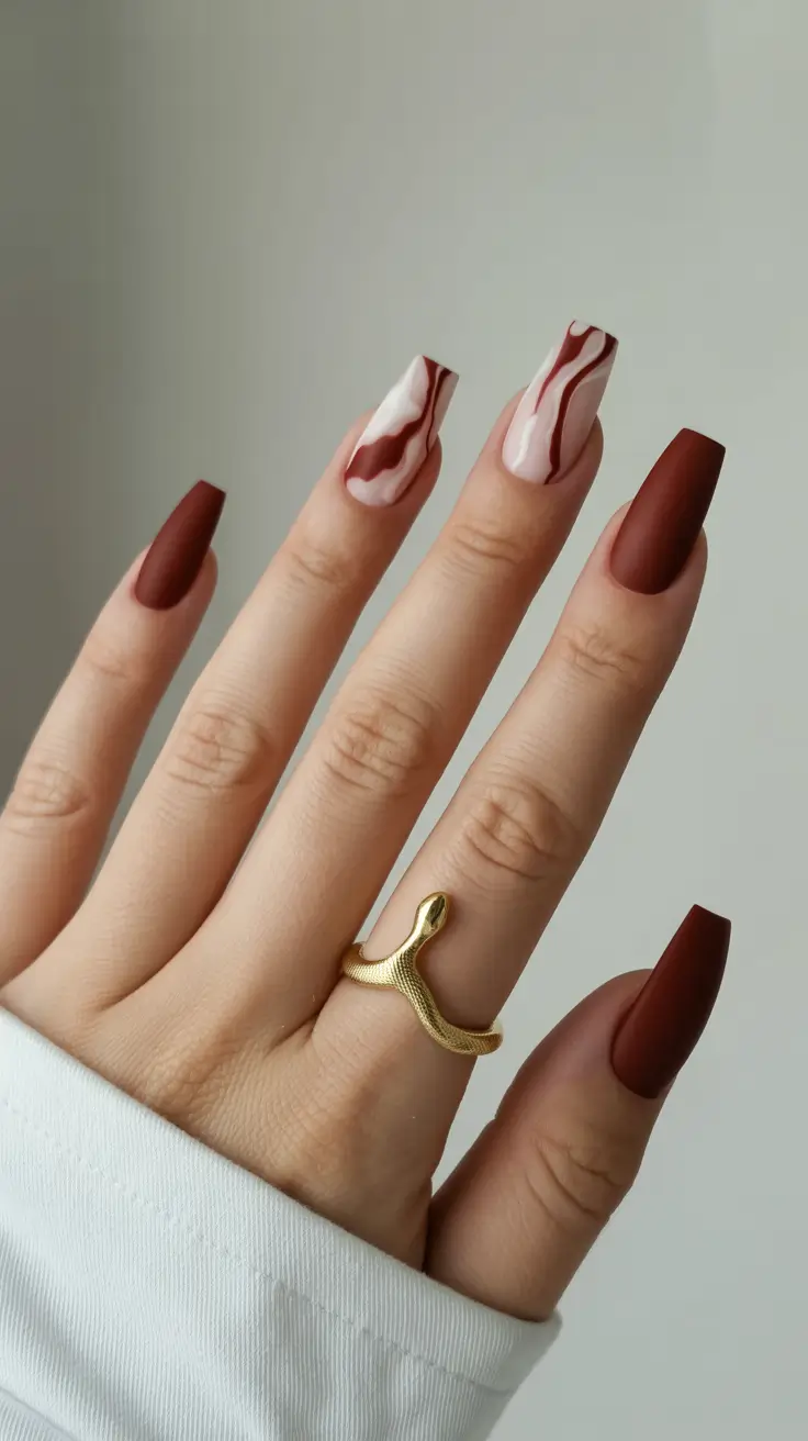 Matte Brown Coffin Nails with Flowing Waves and a picture of them. Rectanglular coffin nails in matte brown color with two cream and brown wave patterns.