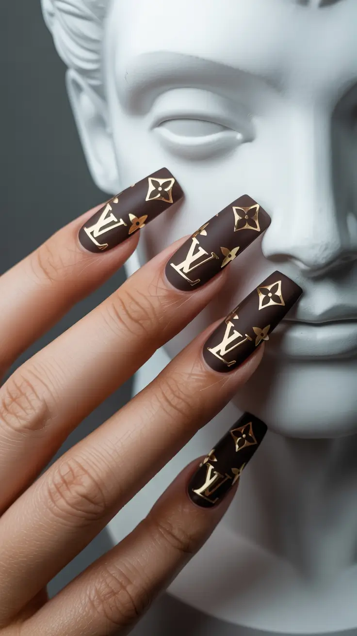 brown fall nails 2025 Luxury Brown Nails with Gold Monogram