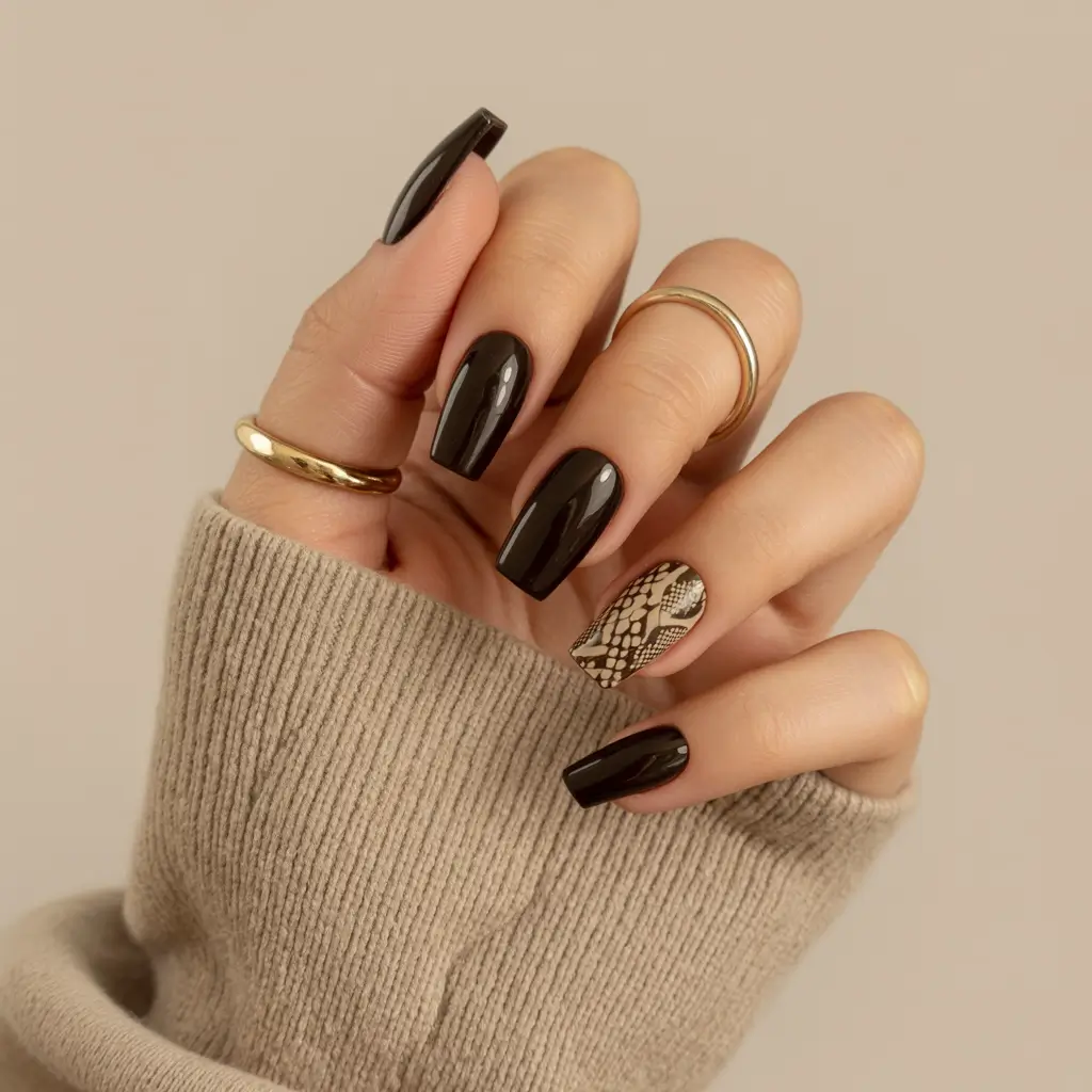 brown-fall-nails-2025 Dark Brown Nails with Subtle Snake Print Accent