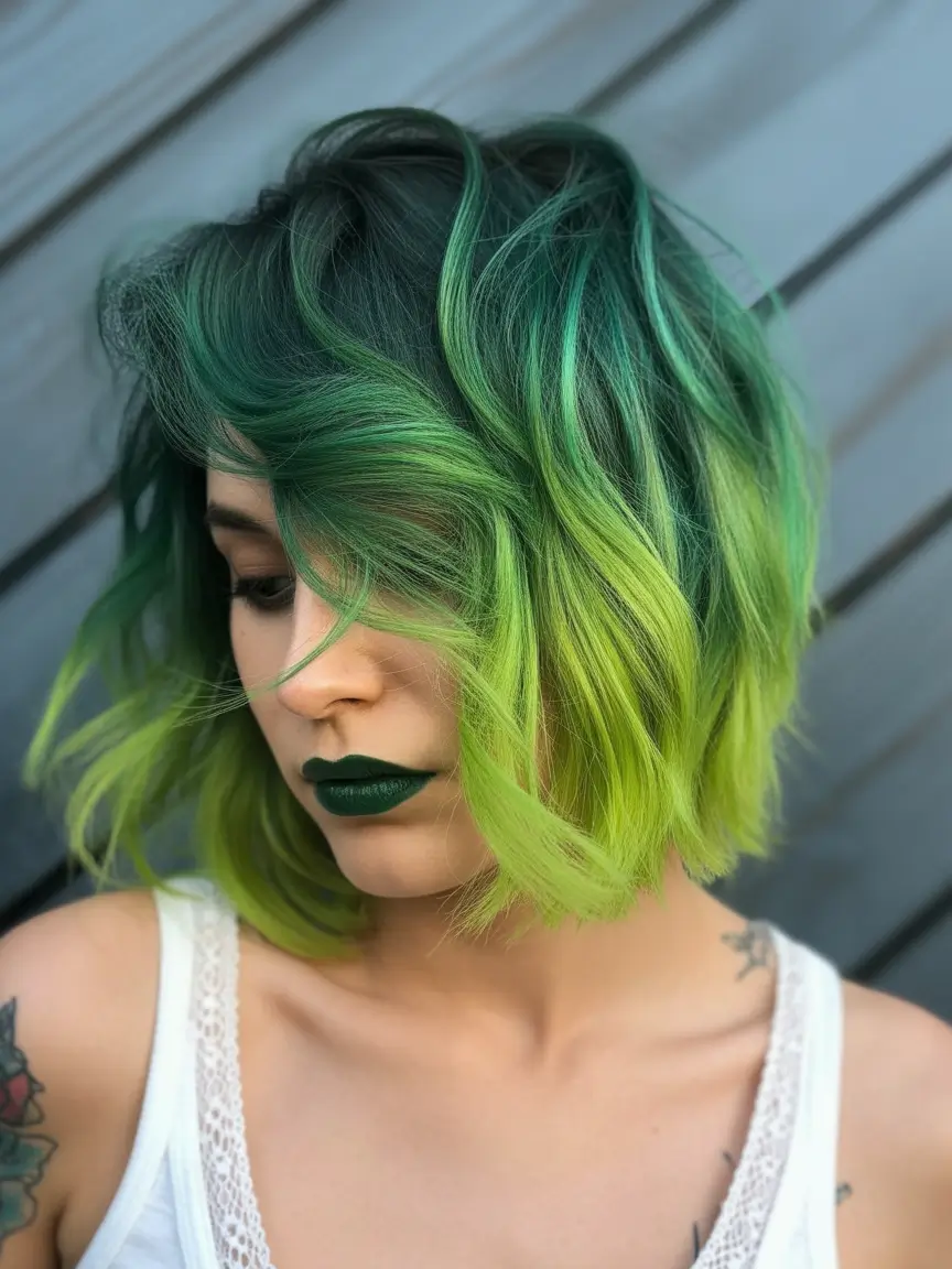 cute-fall-hair-colors-2025 Electric Green Melted Bob