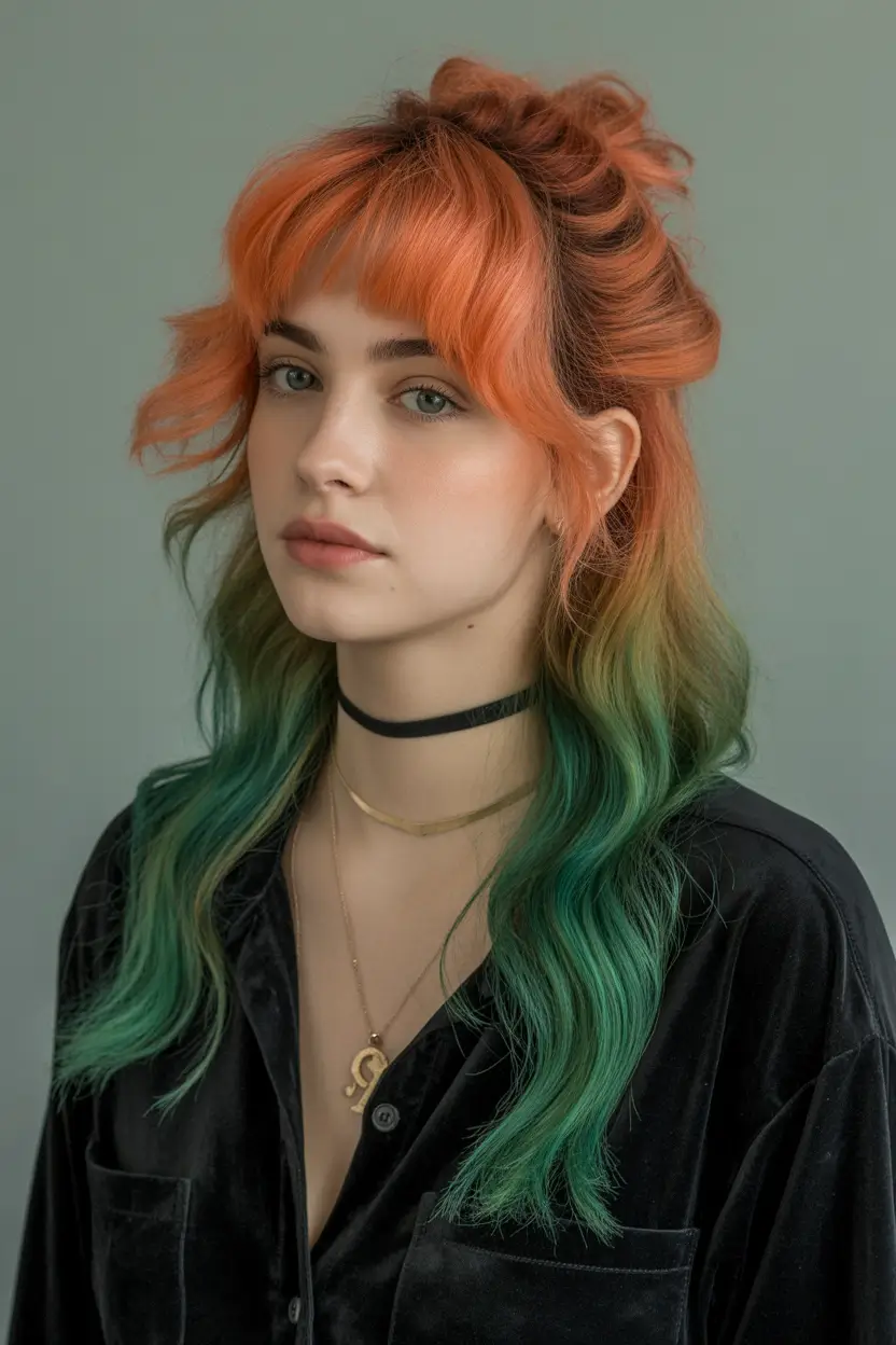 cute-fall-hair-colors-2025 Harvest Sunset Fade with Punk Fringe