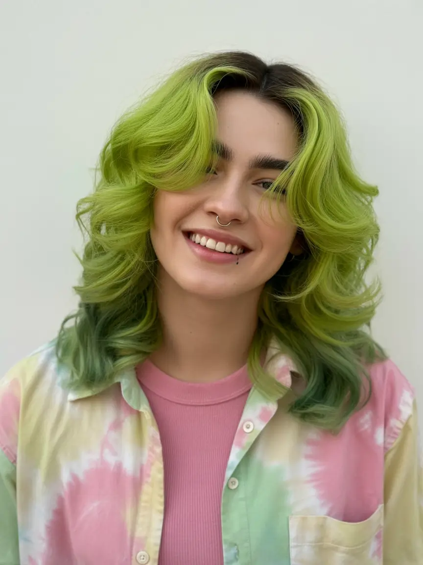 cute-fall-hair-colors-2025 Neon Lime & Mint Layered Waves