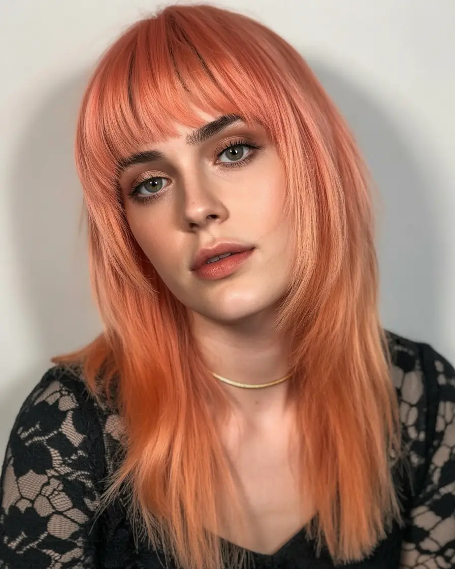 cute-fall-hair-colors-2025 Copper Coral Layers with Bardot Bangs