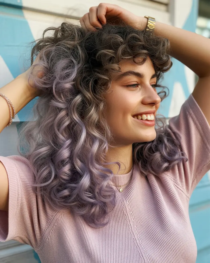 cute-fall-hair-colors-2025 Muted Lilac Ombre on Natural Curls