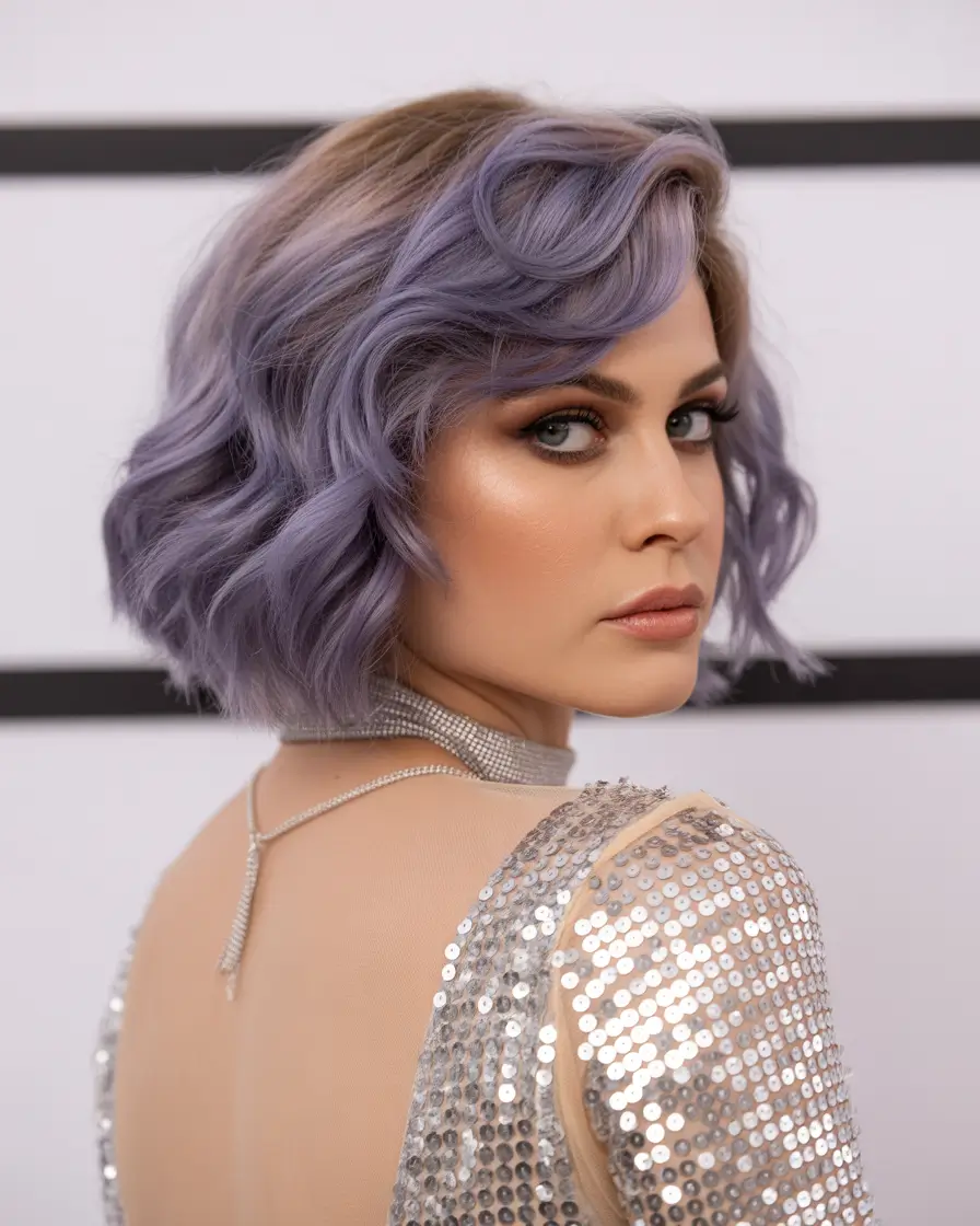 cute-fall-hair-colors-2025 Silver-Toned Lilac Glam Bob