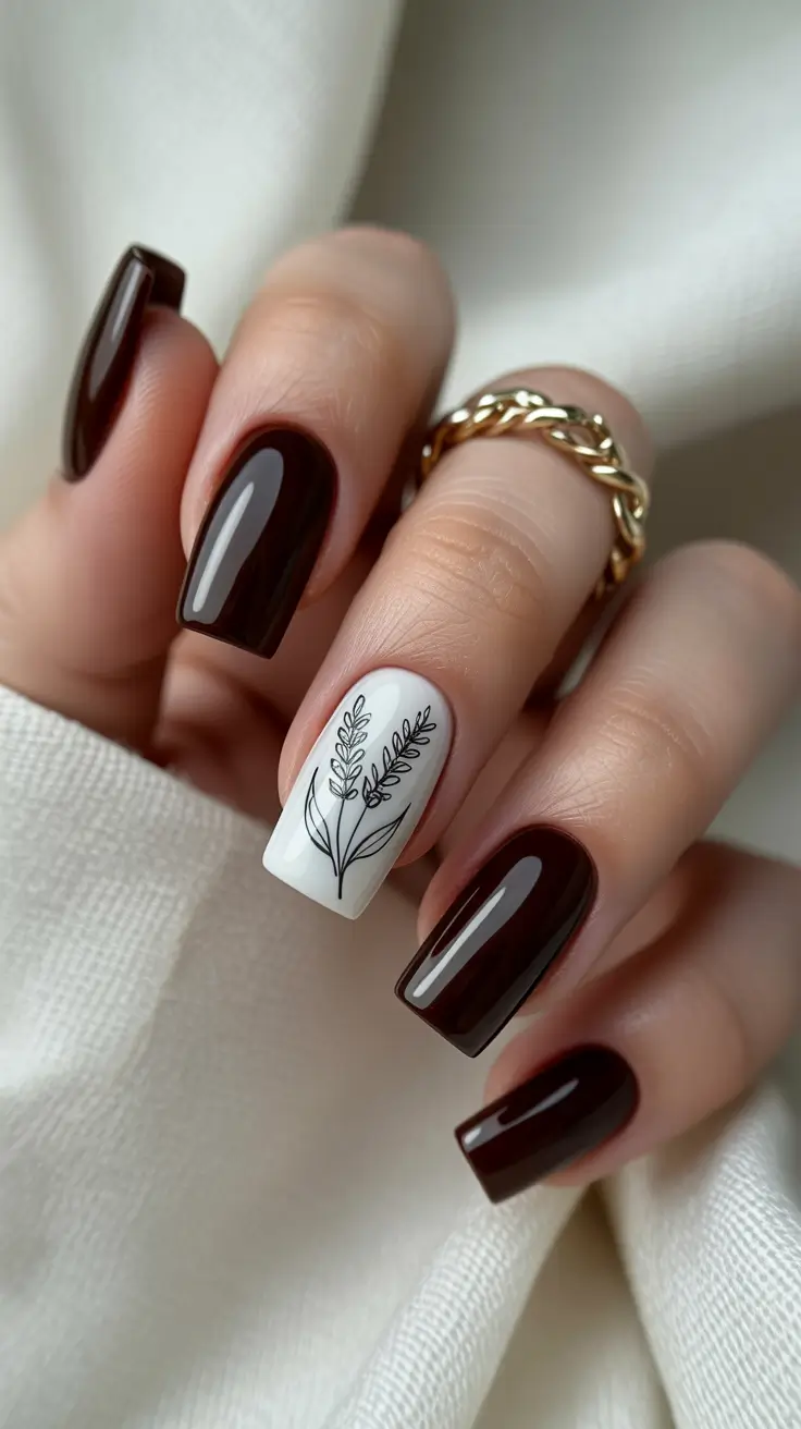 Cozy Fall Nails October 2025 Design Ideas Botanical Accent in Deep Wine