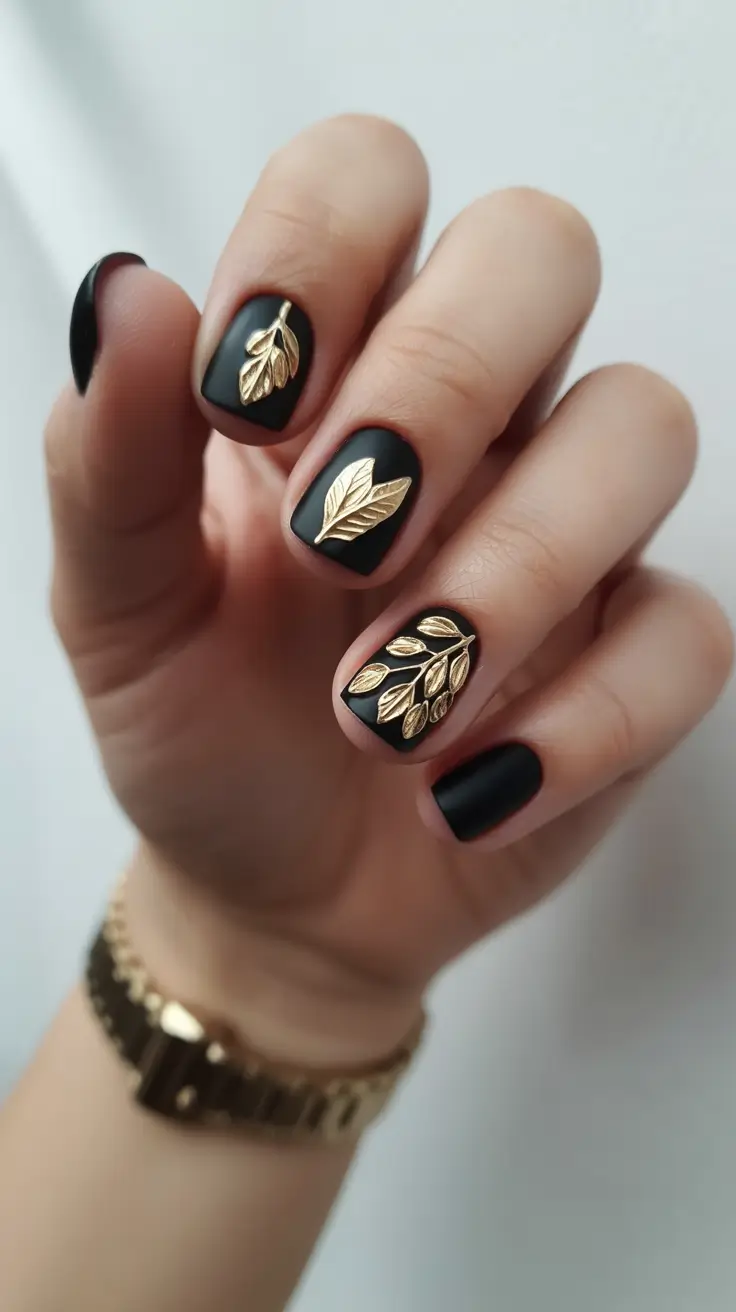Cozy Fall Nails October 2025 Design Ideas Golden Leaf Accents on Matte Black