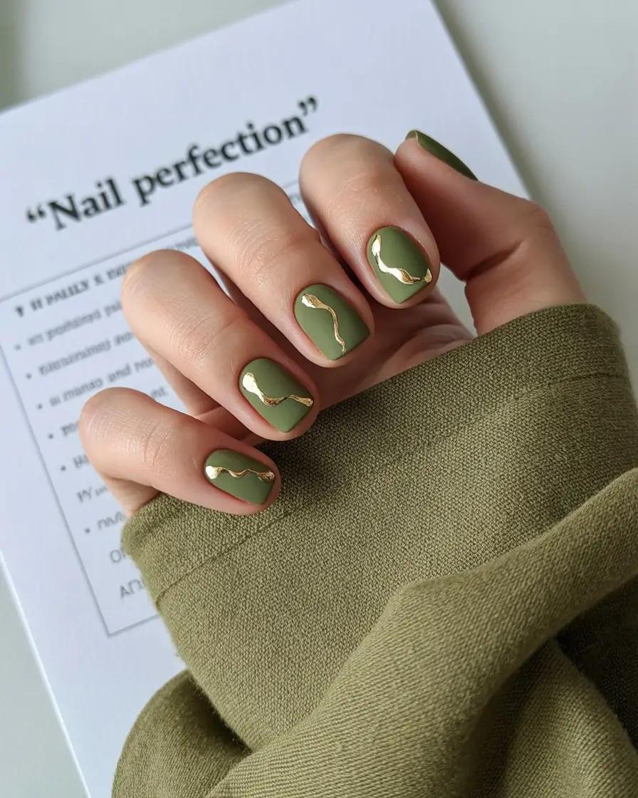 Cozy Fall Nails October 2025 Design Ideas Olive Green with Gold Detailing